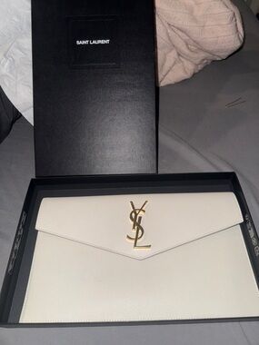 Saint Laurent Cream Leather Envelope Clutch with Gold YSL Hardware